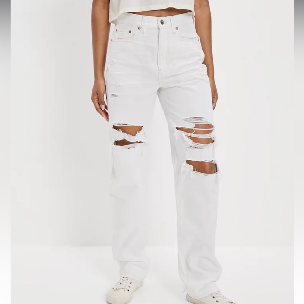 AE Ripped Highest Waist Baggy Straight Jean - 0, Destroyed White
